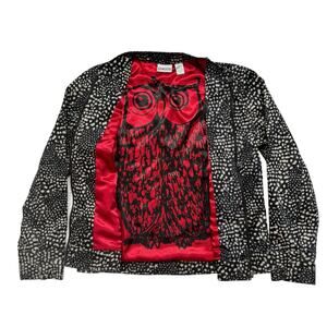 CHICOS Animal Print Red Owl Lined Black Tan Jacket Size Medium (1) Cotton Satin